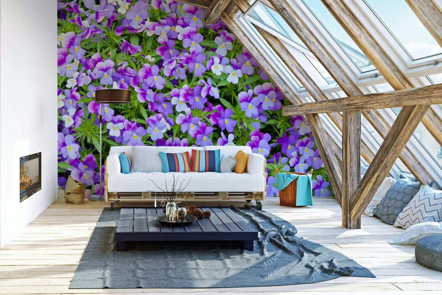 Purple pansy floral wallpaper design
