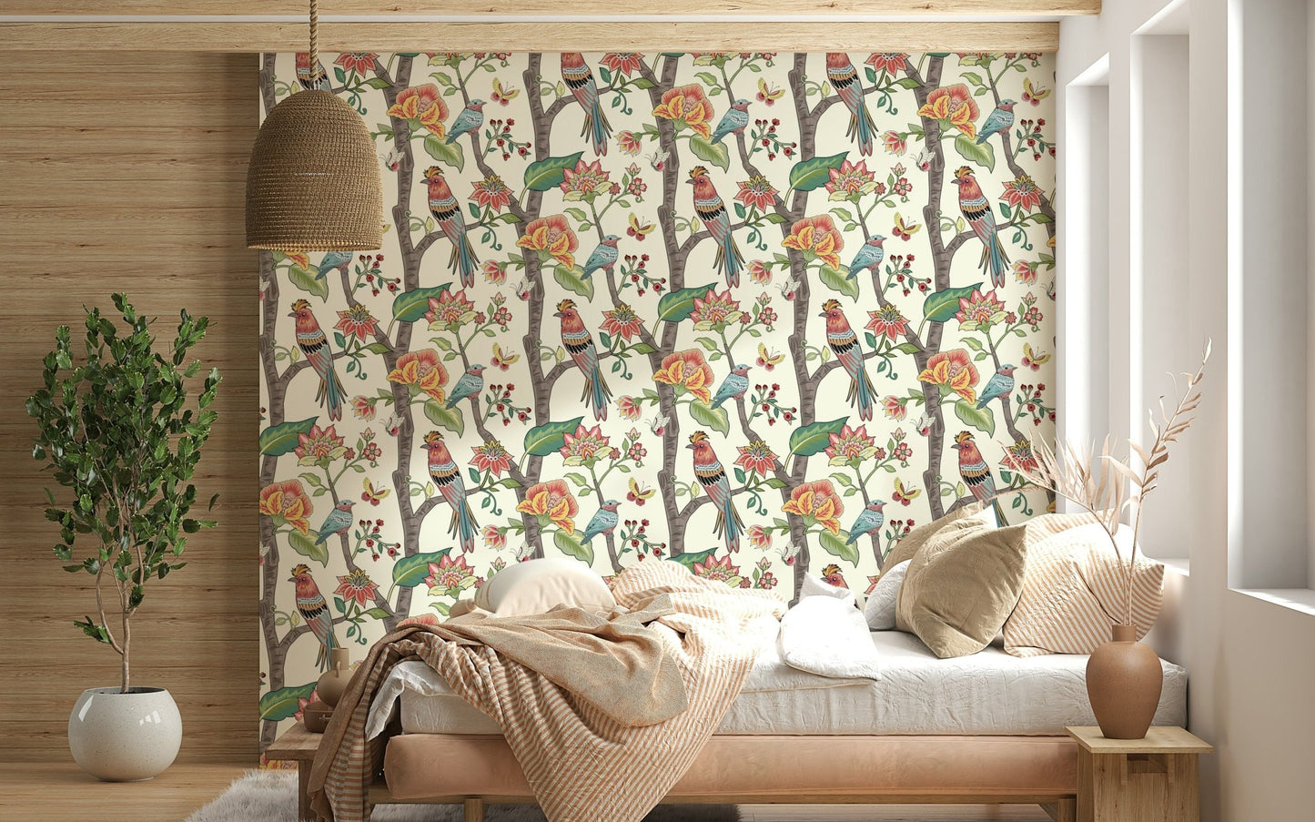 Artistic wallpaper mural with hand-drawn birds, blossoms, and branches in a repeating layout.