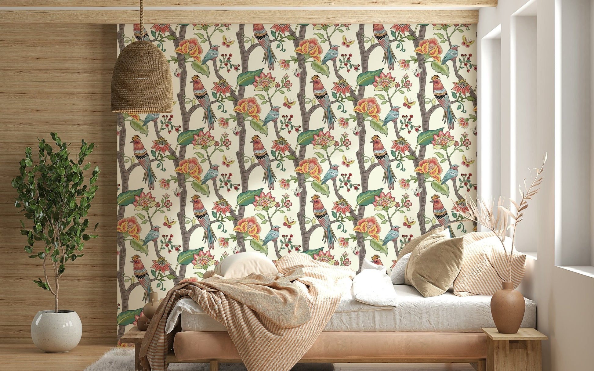 Artistic wallpaper mural with hand-drawn birds, blossoms, and branches in a repeating layout.
