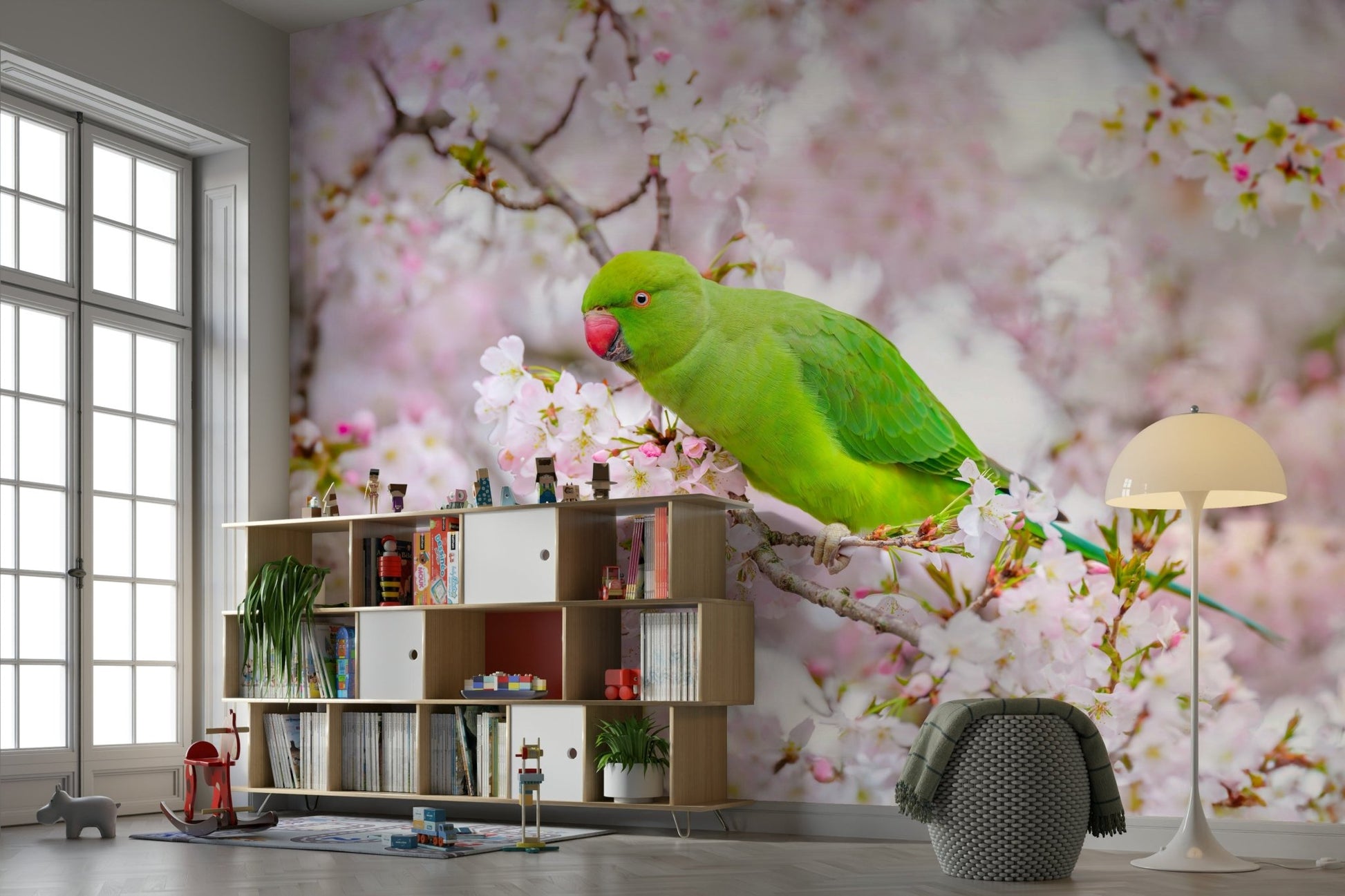 Wallpaper mural of a green parrot among blooming cherry trees.

