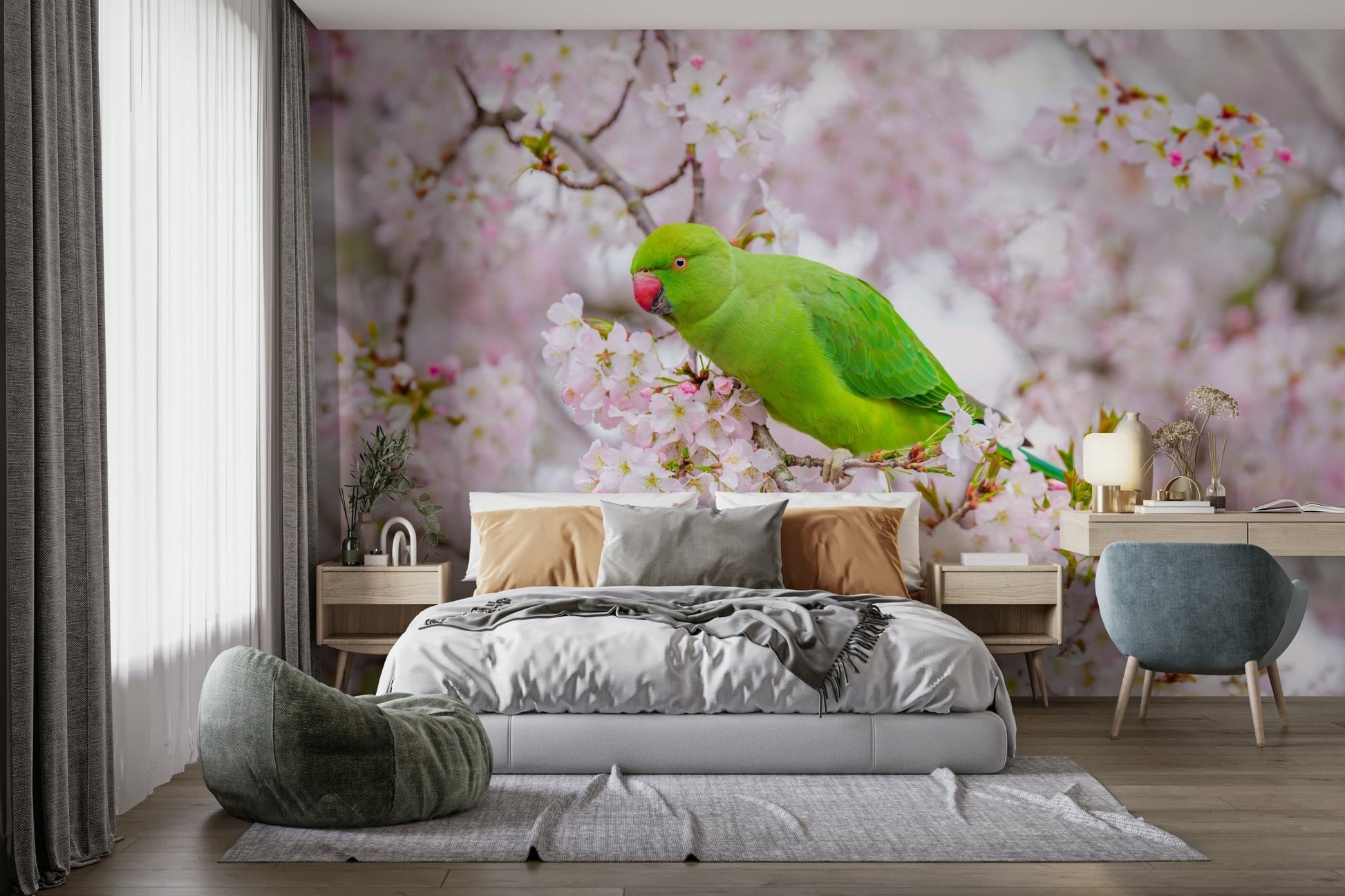 Mural of green parakeet perched in cherry blossom bloom.

