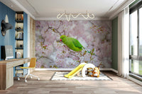 Nature-inspired wallpaper showing bird on blossoming tree.

