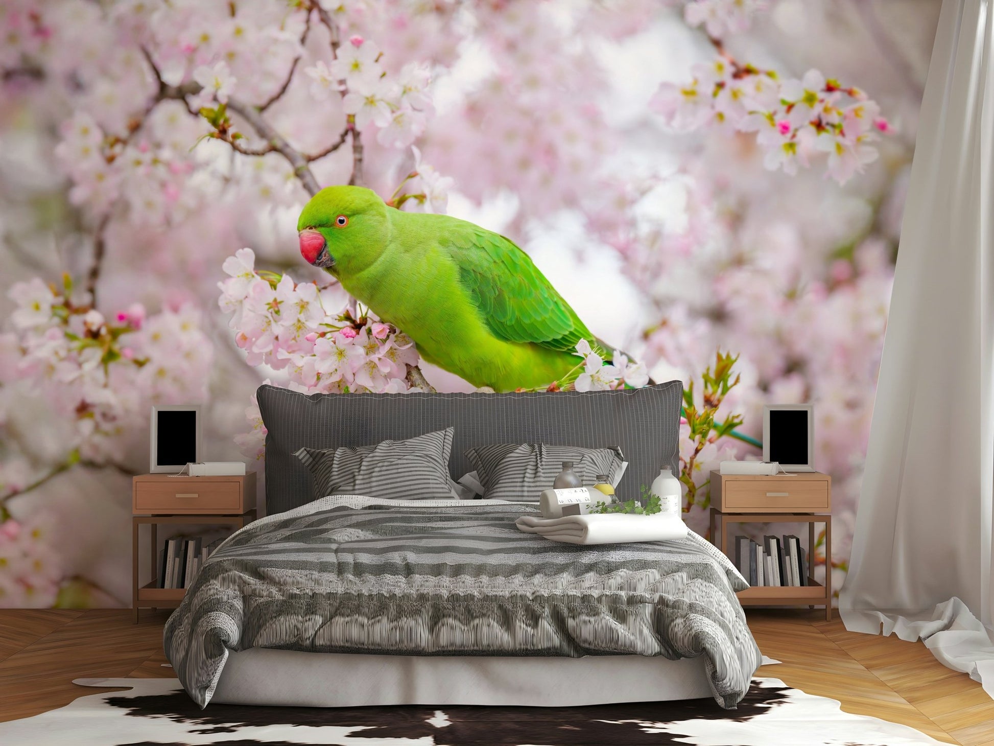 Wallpaper featuring vivid green parakeet in spring blossoms.

