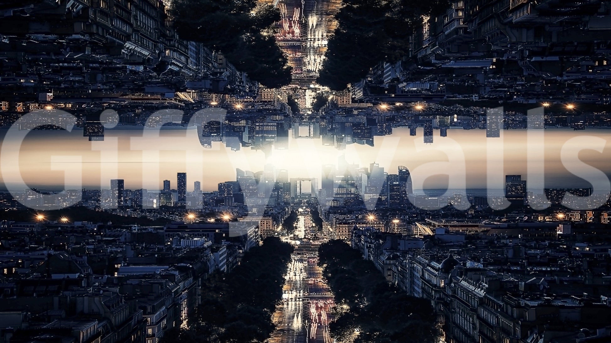 Twilight mirror city Parallel Universe wall mural.