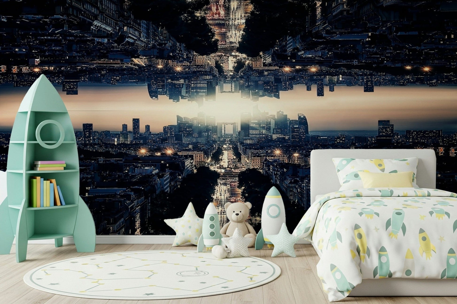 Infinite skyline perspective Parallel Universe wall mural.