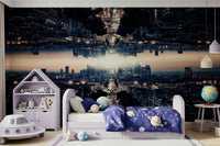 Symmetrical cityscape Parallel Universe peel and stick wallpaper.