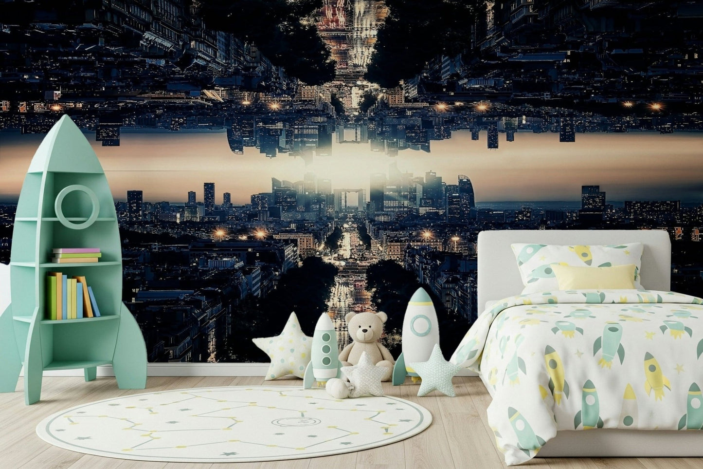 Infinite skyline perspective Parallel Universe wall mural.