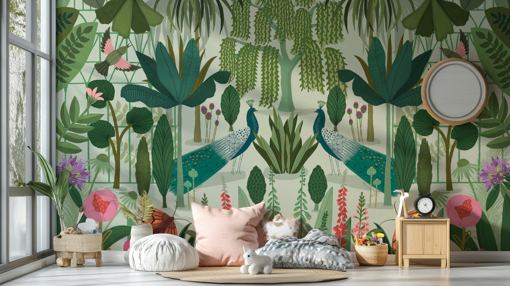 Romantic city park wallpaper for a stylish flat bedroom feature wall.