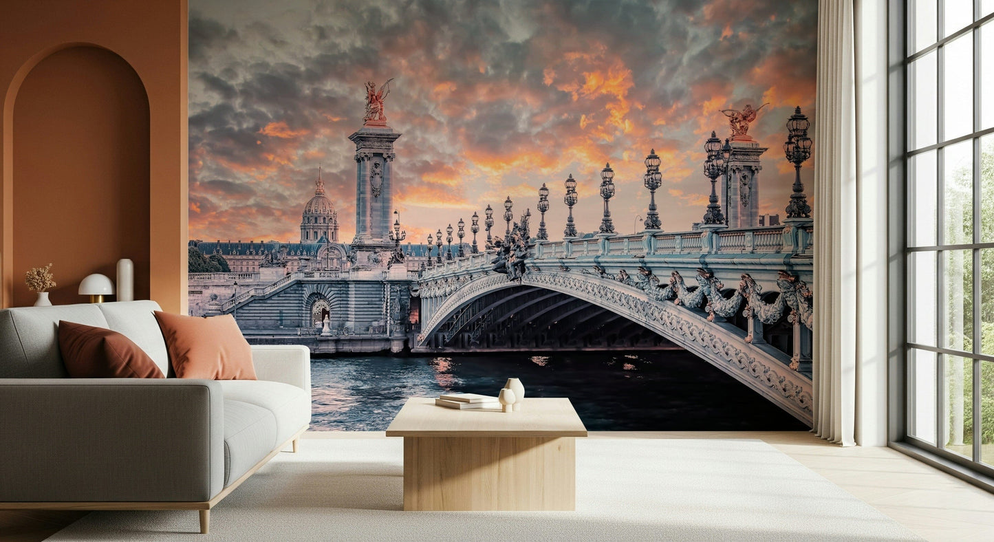 Parisian Bridge Sunset Wall Mural