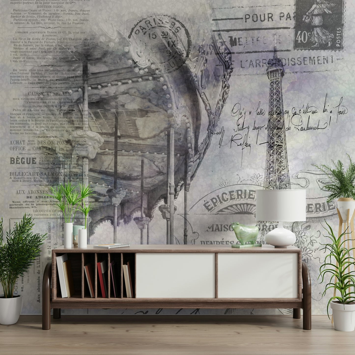 Wall mural capturing Paris magic – tower and carousel

