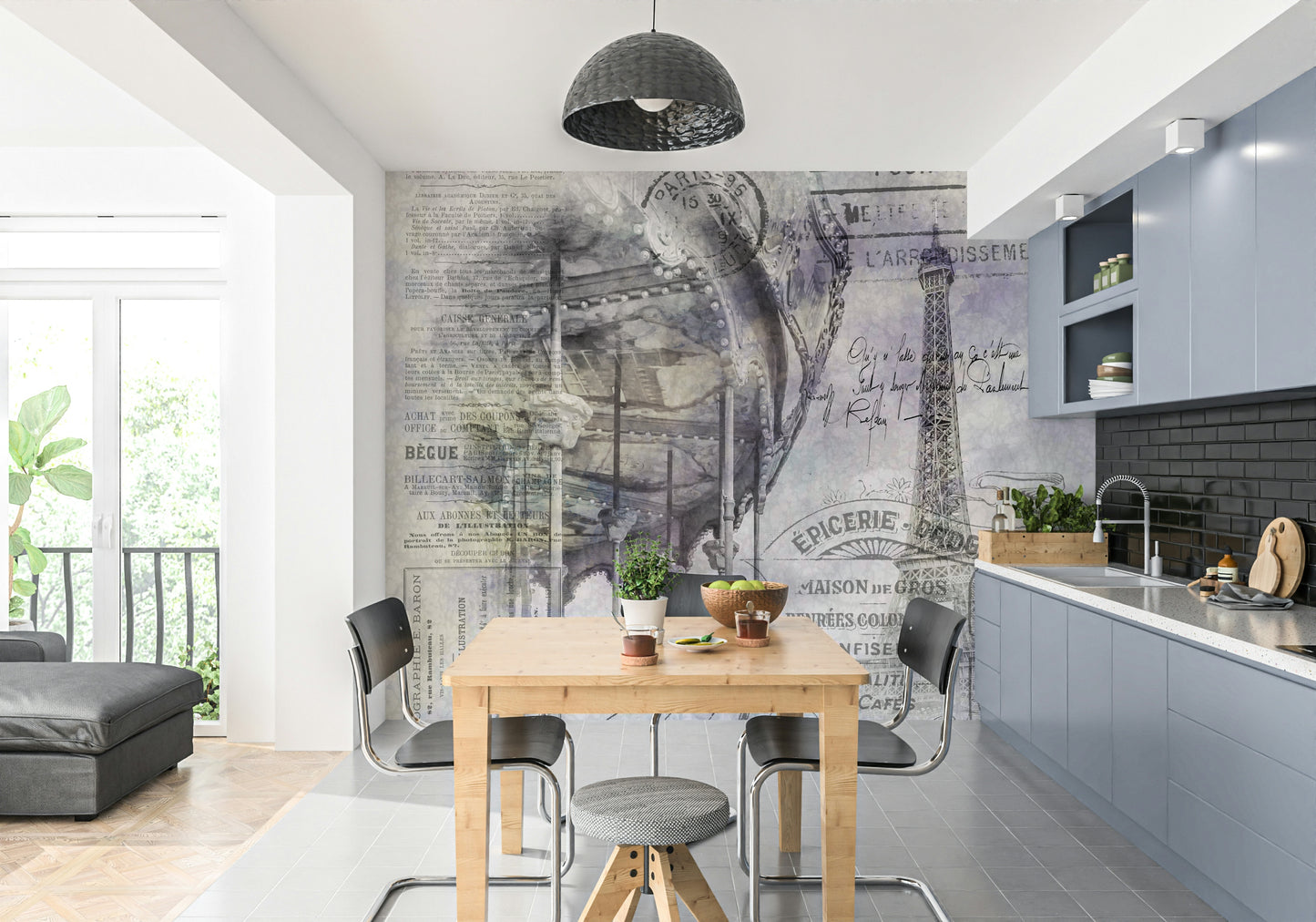 Eiffel Tower mural with Parisian amusement scene

