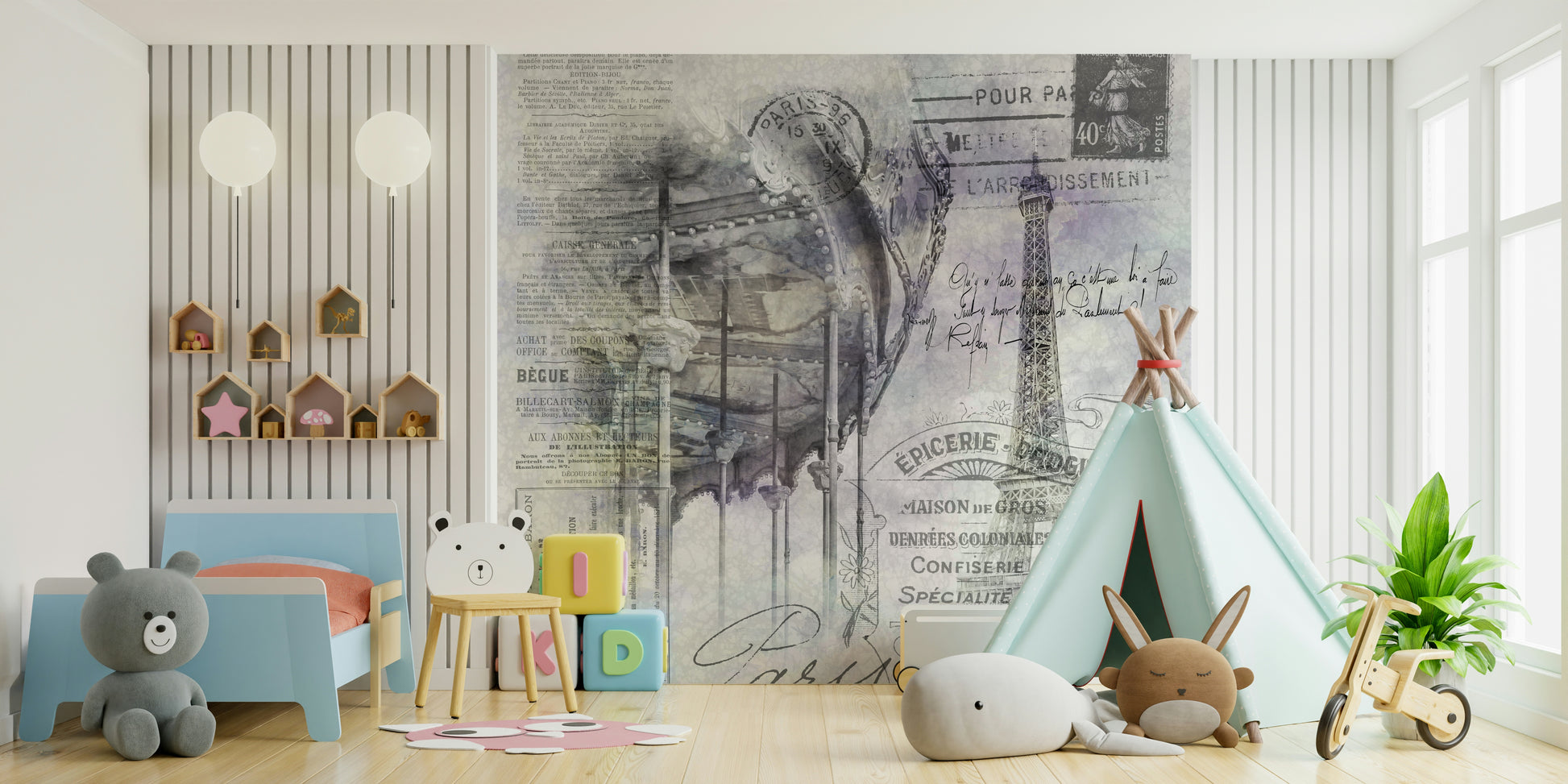 Eiffel Tower and carousel wall art in collage style

