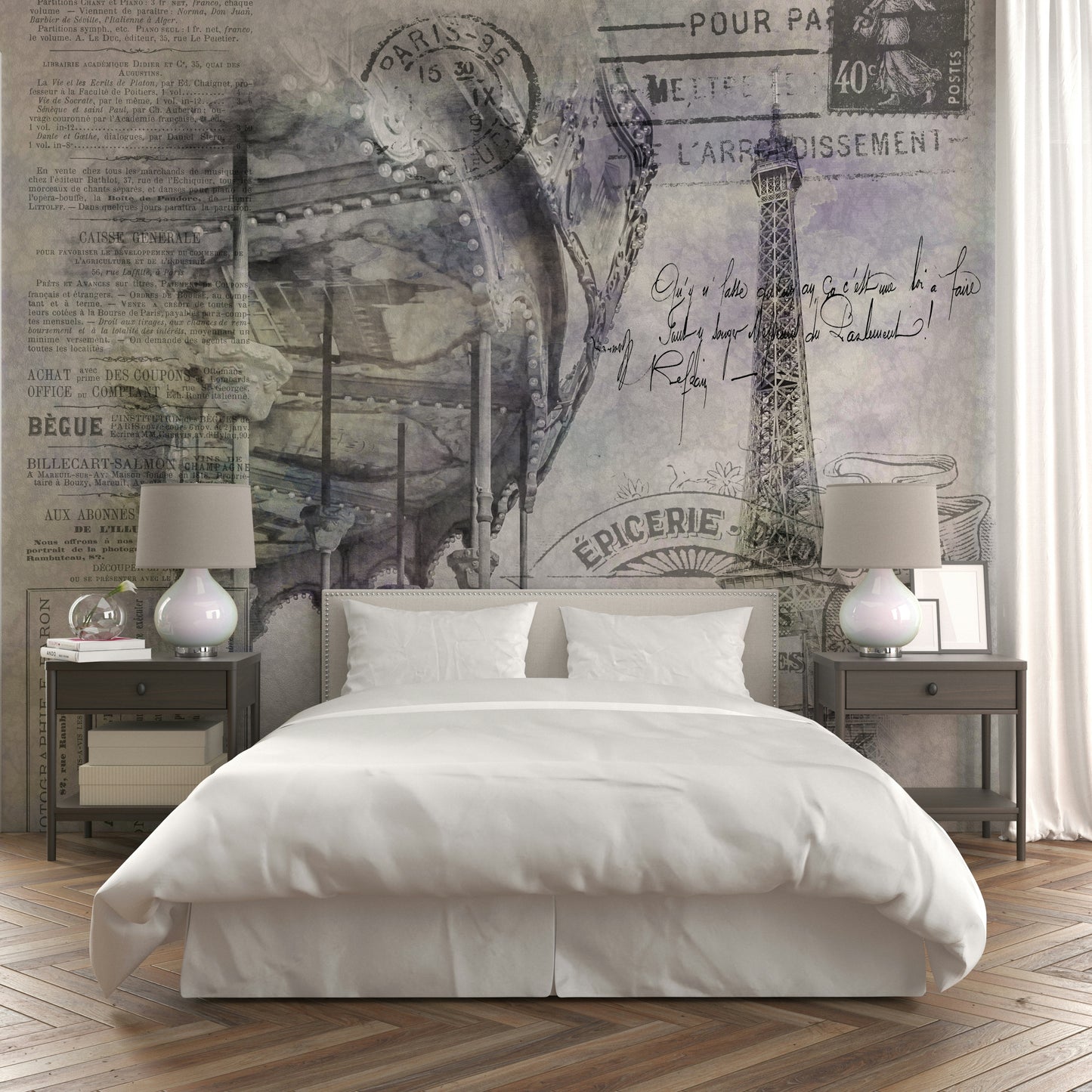 Eiffel Tower mural with vintage carousel in foreground

