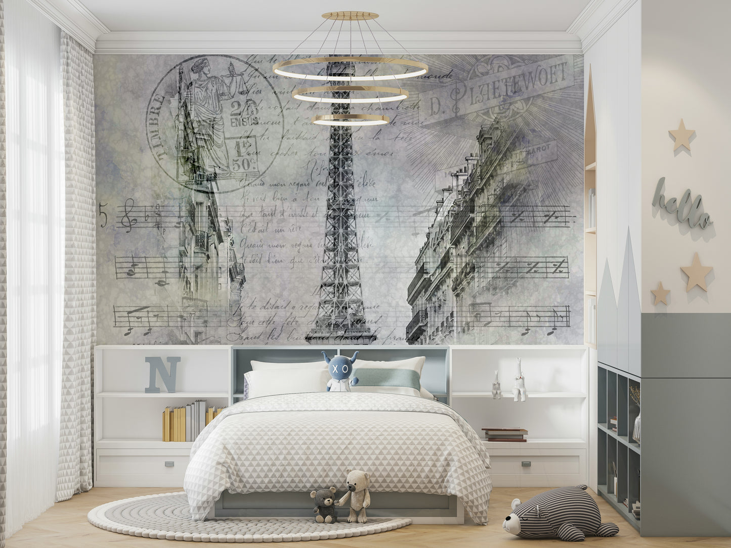 Handwritten Paris wall mural with iconic landmarks

