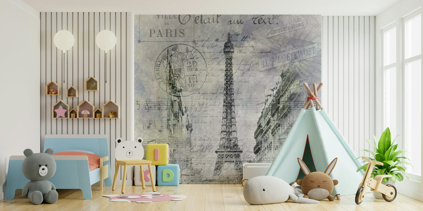 Artistic mural featuring Eiffel Tower and French text

