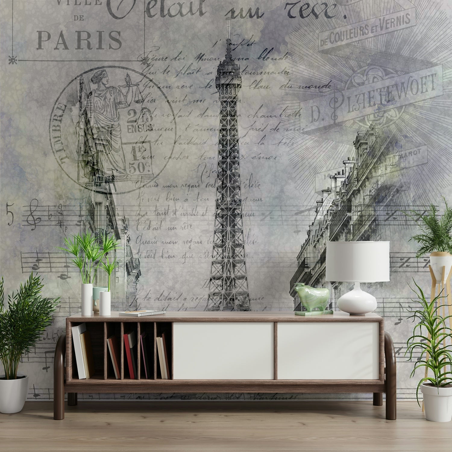 Eiffel Tower mural with vintage Parisian overlays

