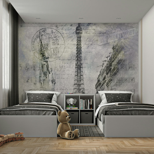 Paris collage mural with Eiffel Tower and script

