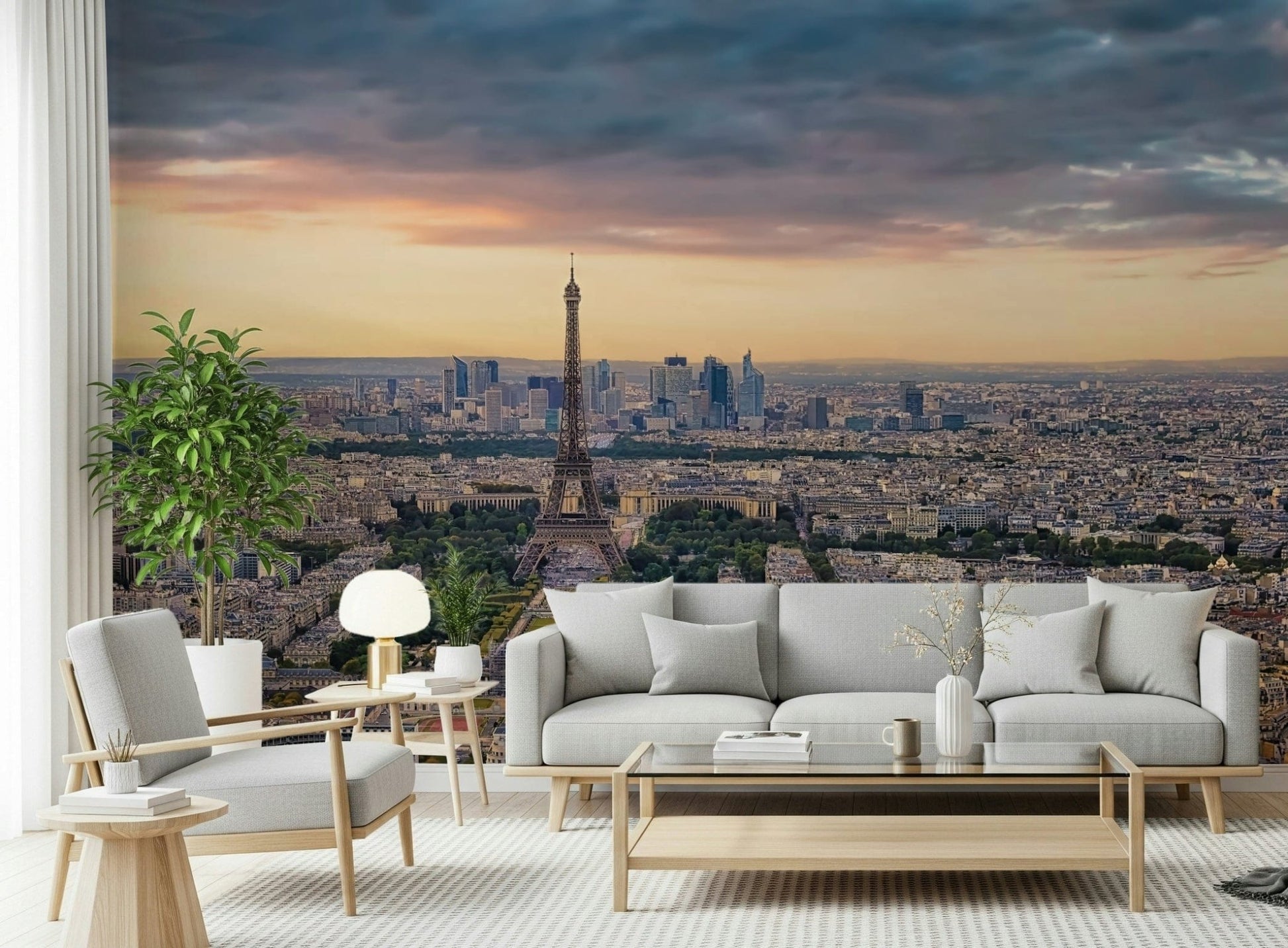 Paris Panorama Sunset peel and stick towering Eiffel structure capital.