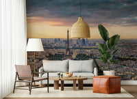 Wallpaper for walls Paris Panorama Sunset aerial perspective golden hour.