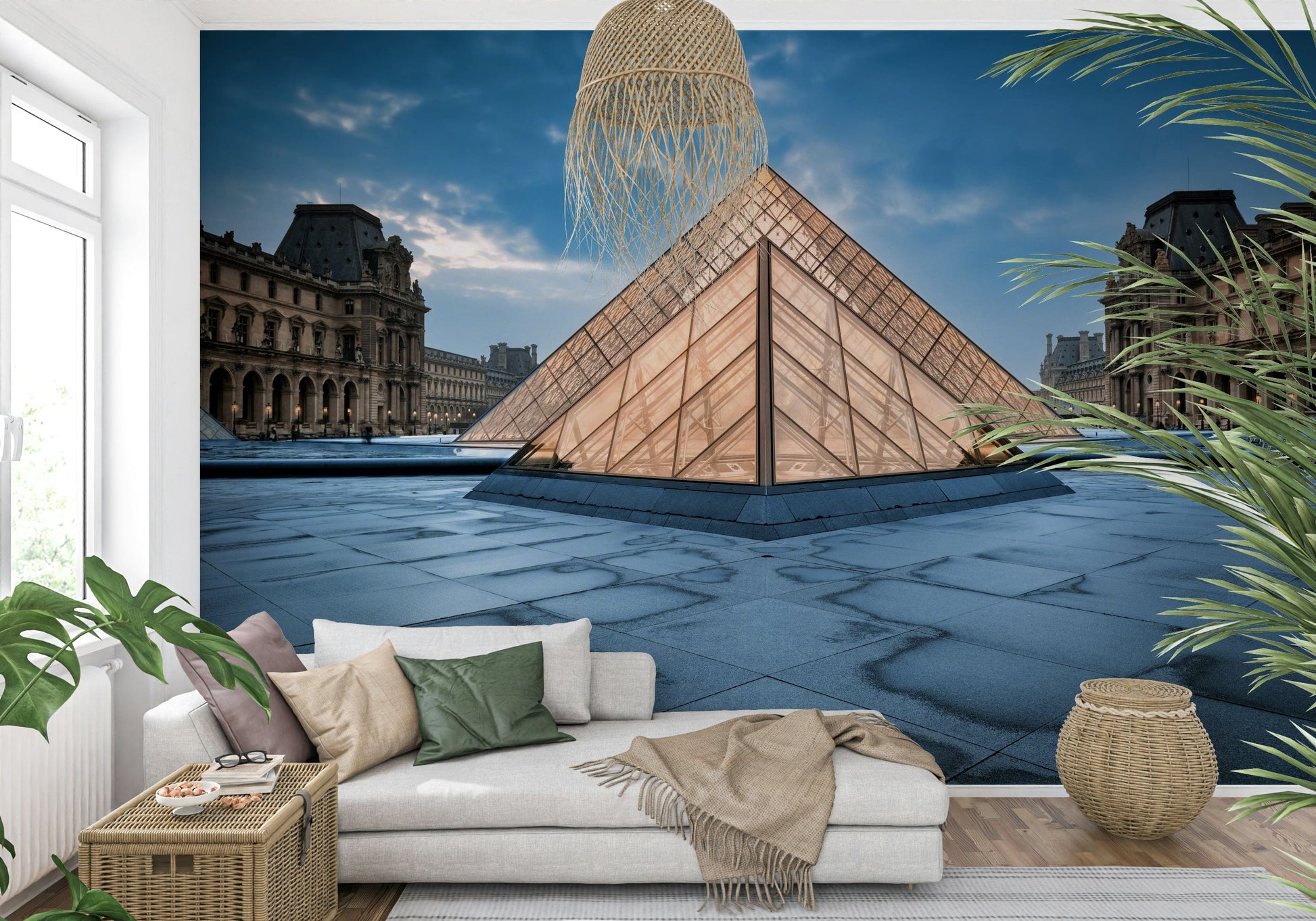 Paris Landmark Wall Mural – Chic mural celebrating the Louvre Pyramid with a touch of Parisian sophistication.