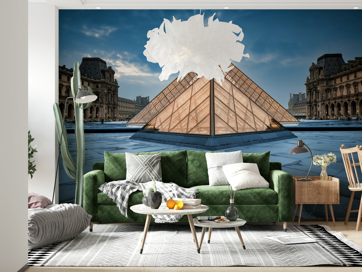 Louvre Courtyard Wall Mural – Artistic depiction of the Parisian pyramid symbolizing culture, art, and modern elegance.