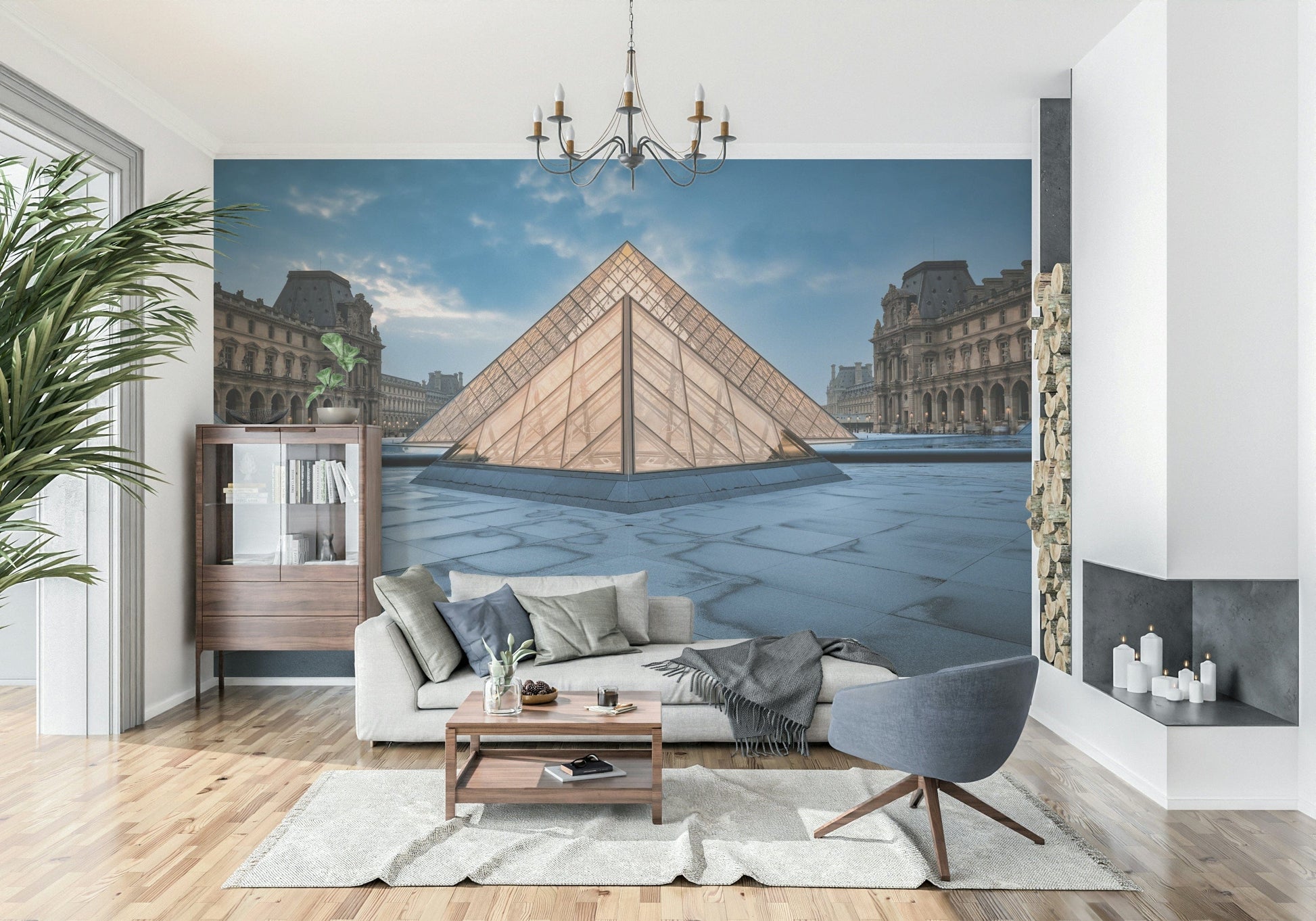 Paris Cityscape Wall Mural – Stylish mural capturing the sophistication of the Louvre Pyramid in soft, modern tones.