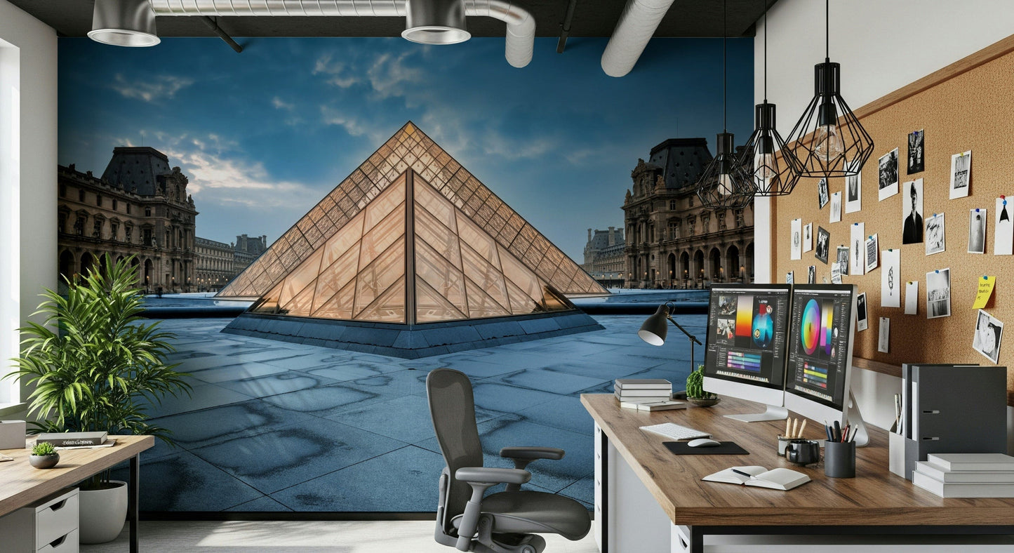 Contemporary Paris Wall Mural – Elegant blend of modern and classic Paris architecture featuring the iconic pyramid.
