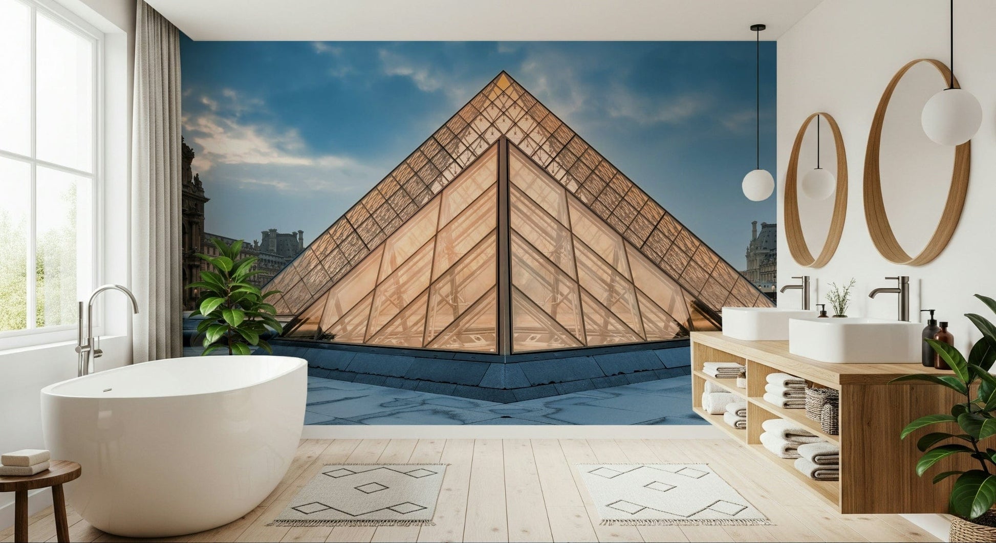 Louvre Museum Wall Mural – Paris-inspired wall design highlighting the geometric beauty of the Louvre Pyramid.