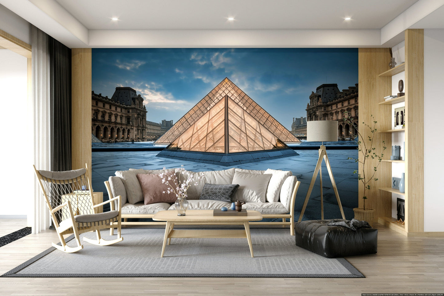 Modern Paris Wall Mural – Striking mural with the famous glass pyramid surrounded by Paris architecture.