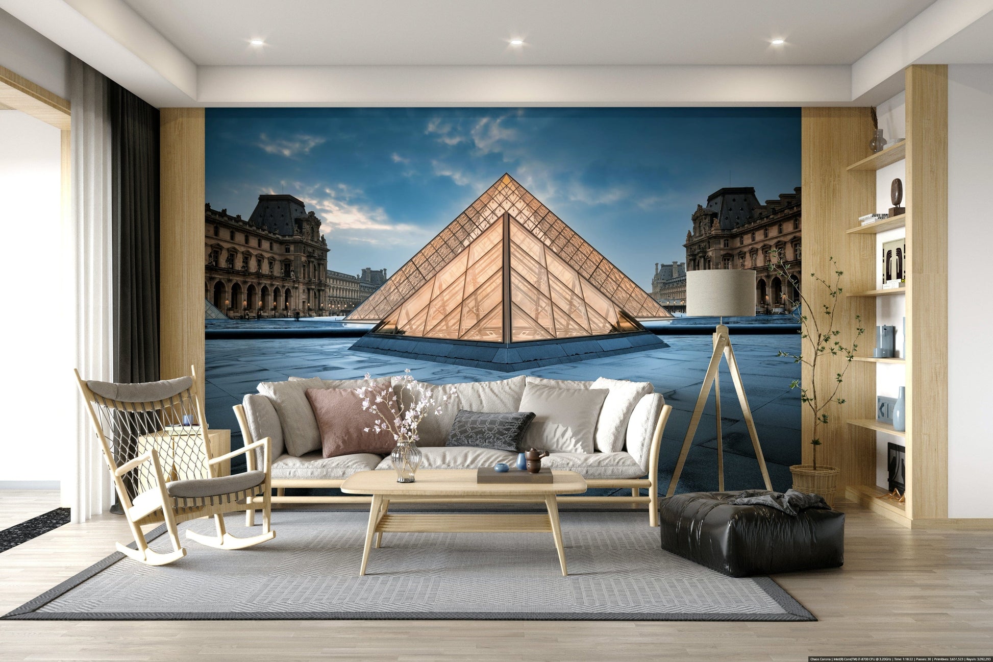 Modern Paris Wall Mural – Striking mural with the famous glass pyramid surrounded by Paris architecture.