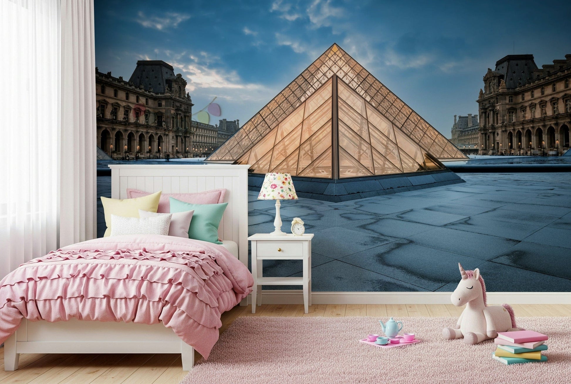Paris Architecture Wall Mural – Elegant cityscape showcasing the Louvre Pyramid and Parisian charm.
