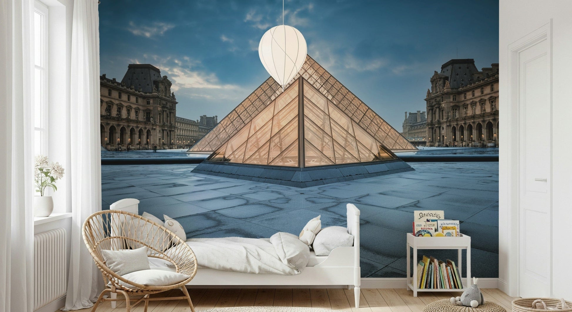 Louvre Pyramid Wall Mural – Iconic glass pyramid at the Louvre Museum captured in a modern, artistic wall design.