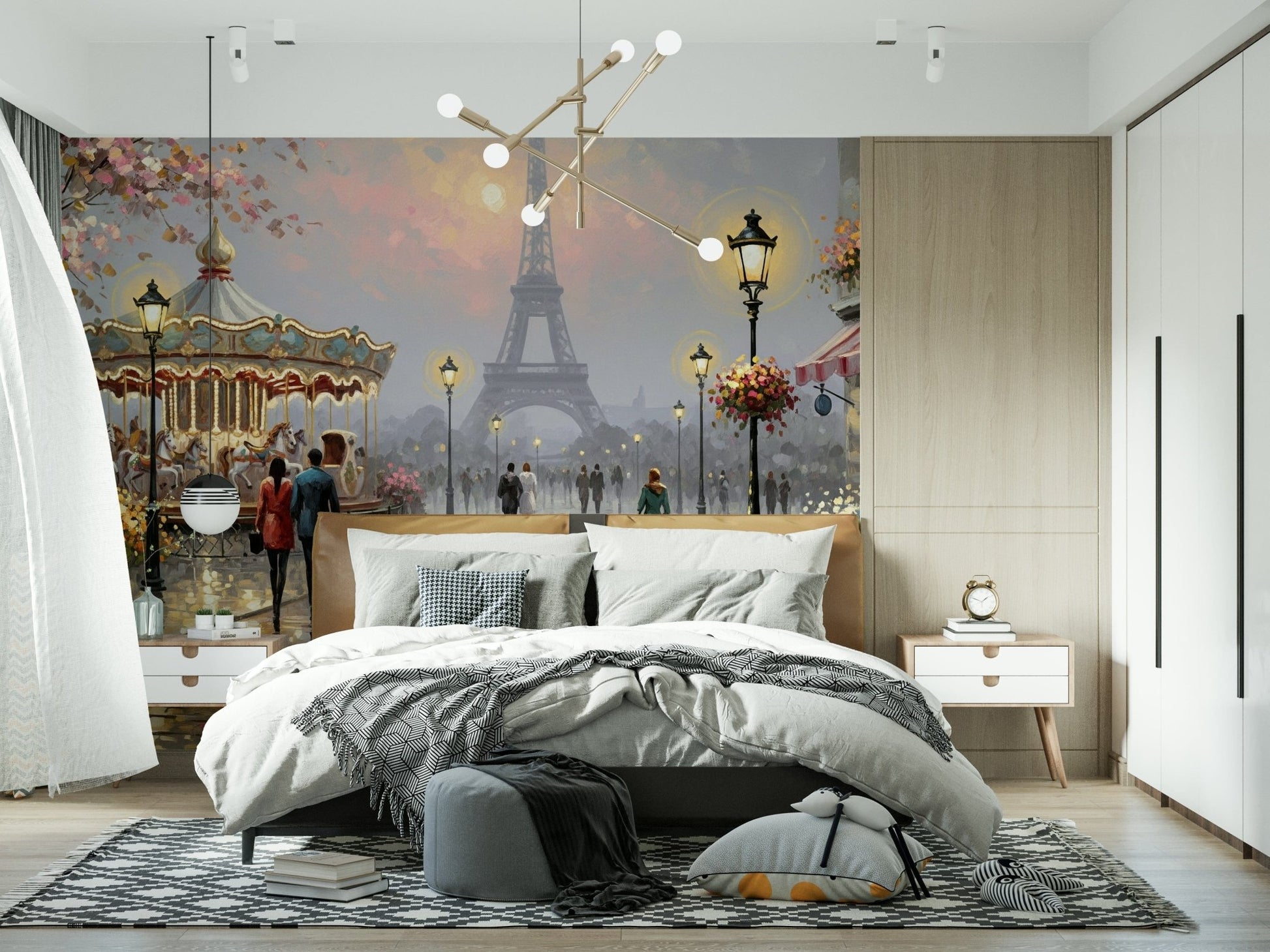 Rainy street reflections glow within Retro Geo Blush wall mural artwork.
