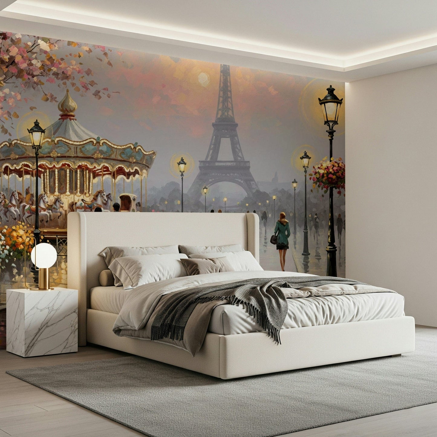 Retro Geo Blush wallpaper for walls captures impressionist French city life.