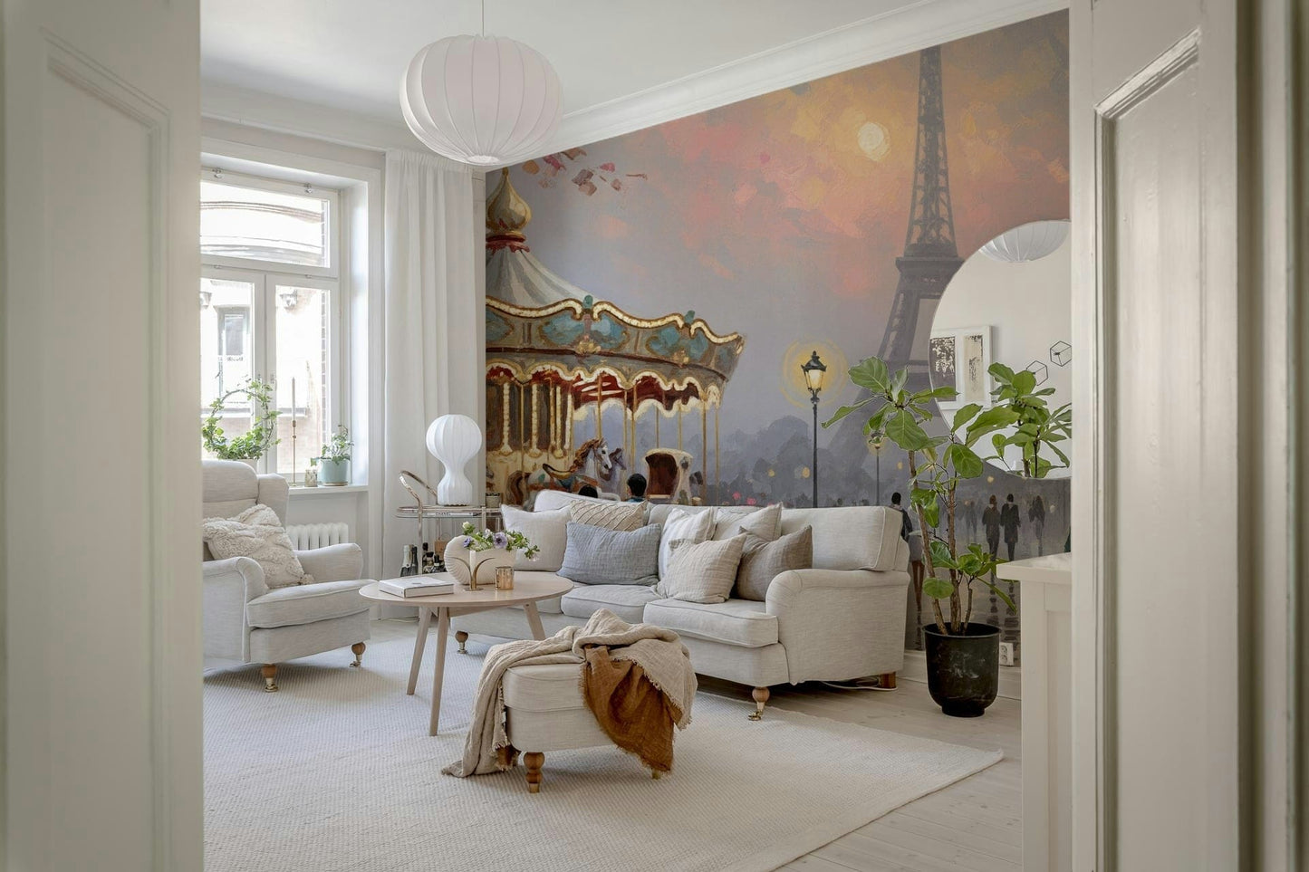 Artistic Parisian boulevard wall mural highlights Retro Geo Blush pastel palette.