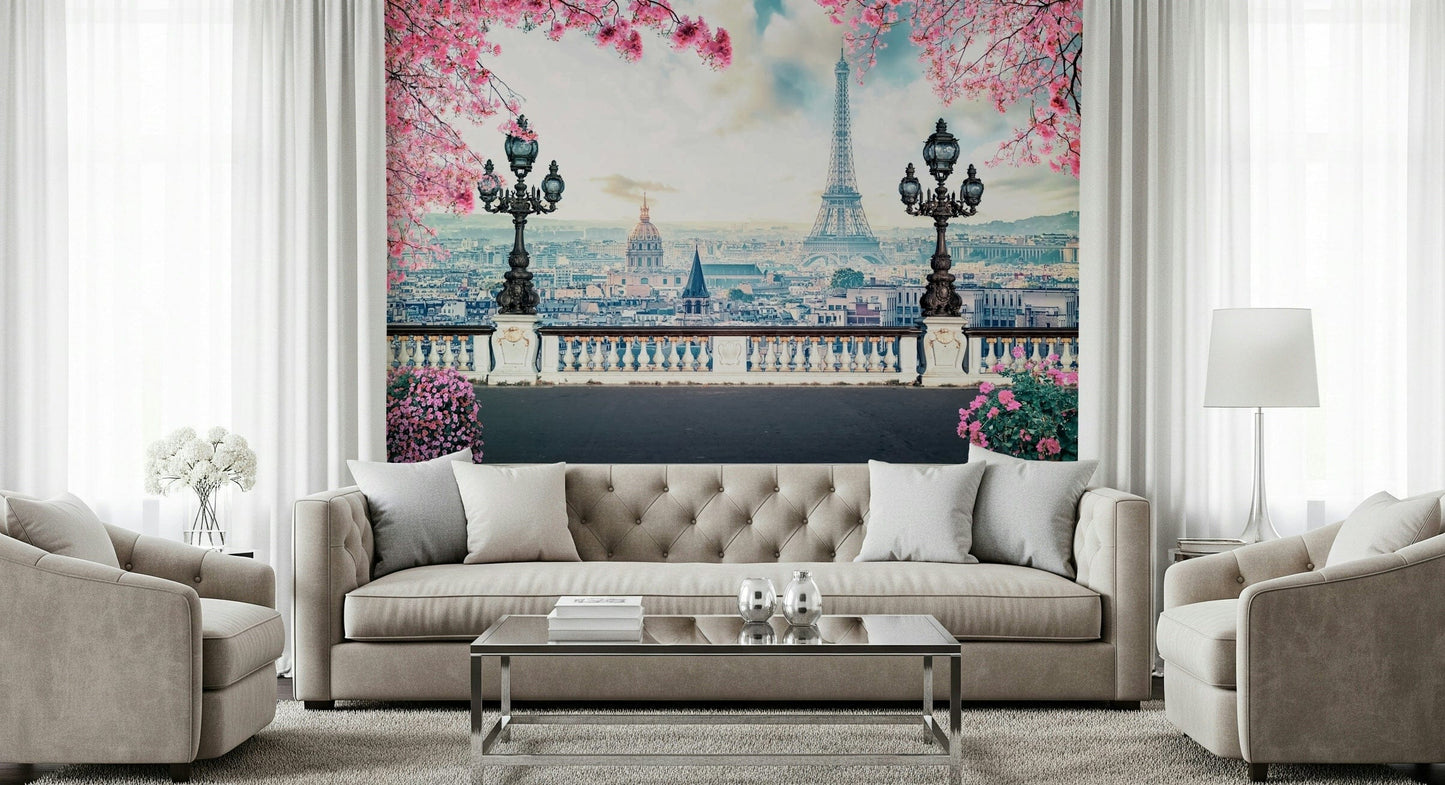 Pink cherry blossoms Spring in Paris peel and stick wallpaper.