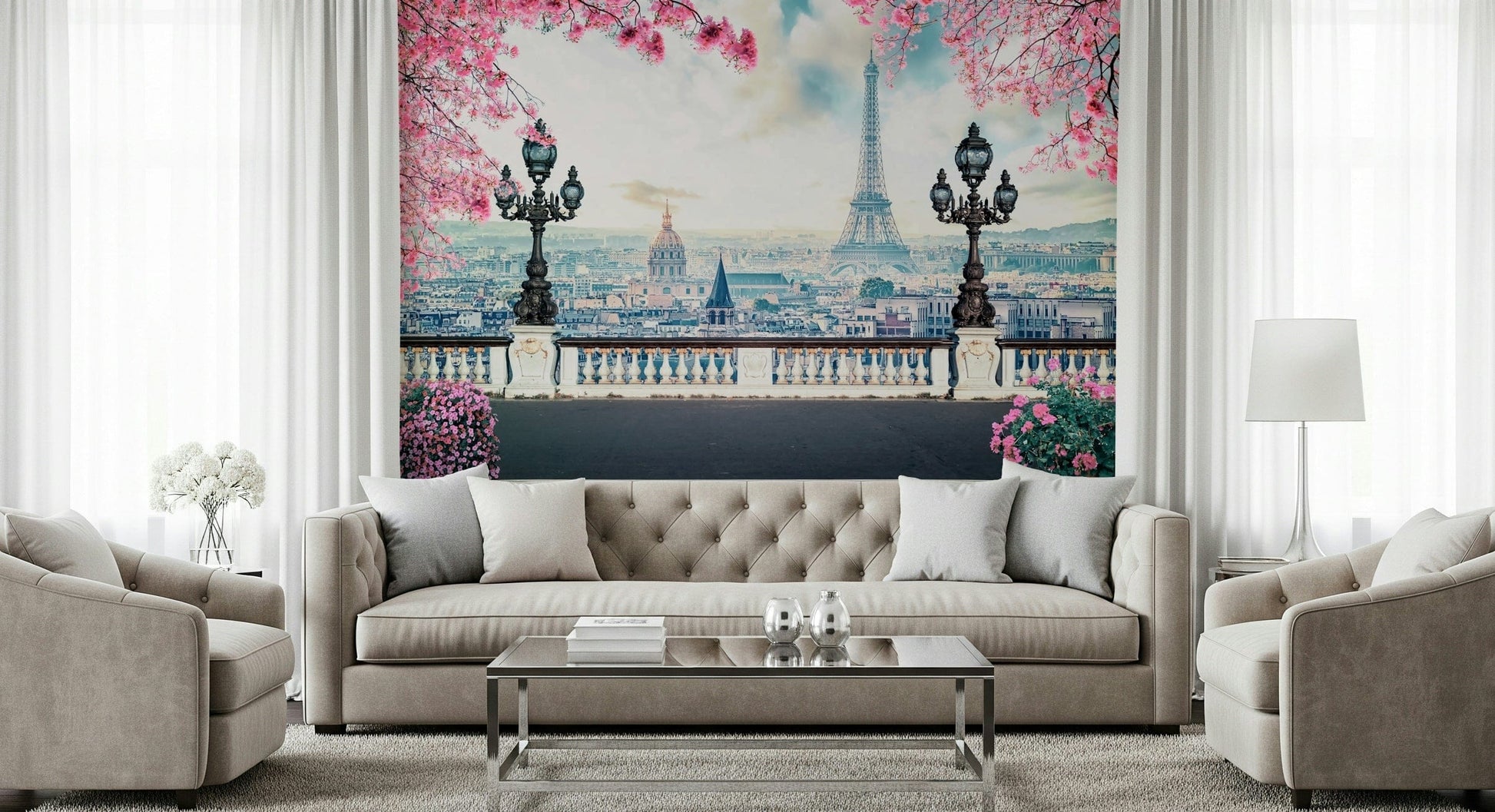Pink cherry blossoms Spring in Paris peel and stick wallpaper.