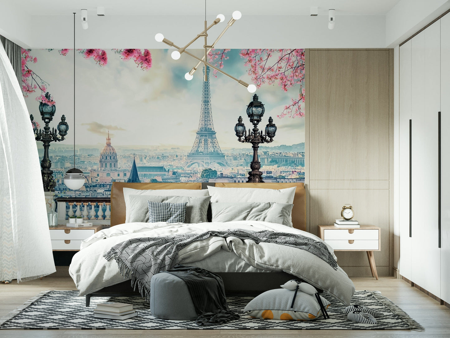 Eiffel Tower view peel and stick wallpaper Spring in Paris.