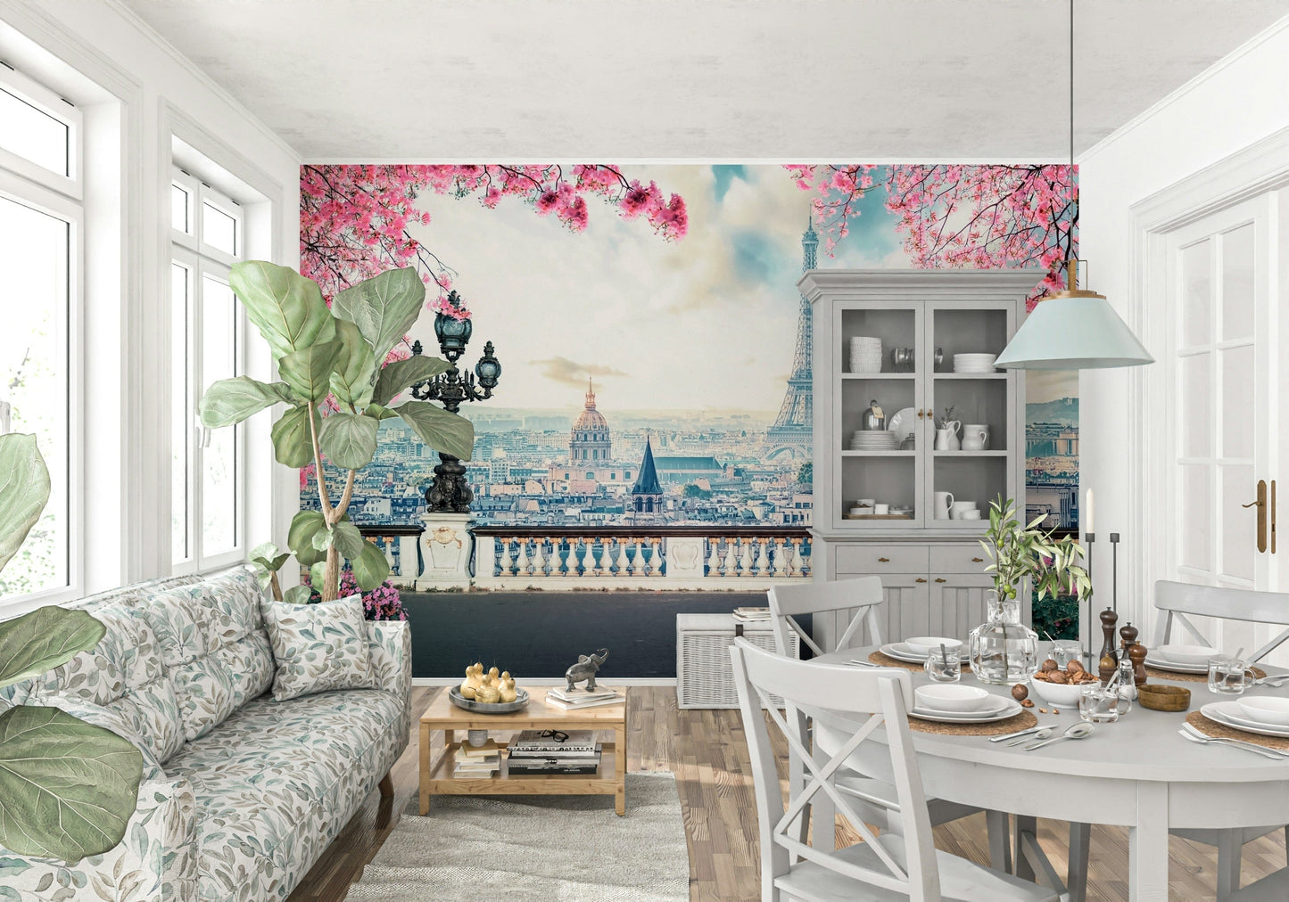 Floral wallpaper mural featuring pink Spring in Paris blooms.