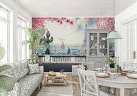 Floral wallpaper mural featuring pink Spring in Paris blooms.