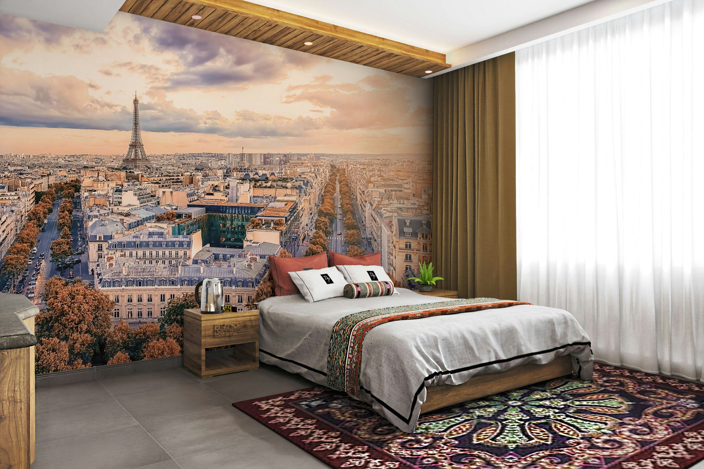 A peaceful Paris sunset mural on decorative wallpaper.

