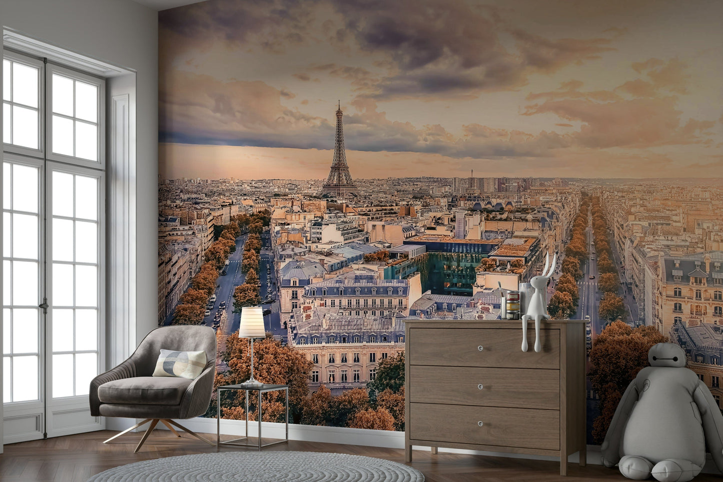 A contemplative twilight city wallpaper mural for a feature wall.

