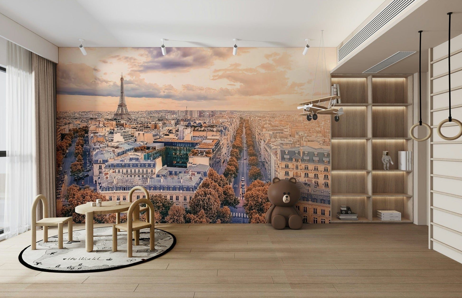 An artistic Paris skyline mural on minimalist wallpaper.

