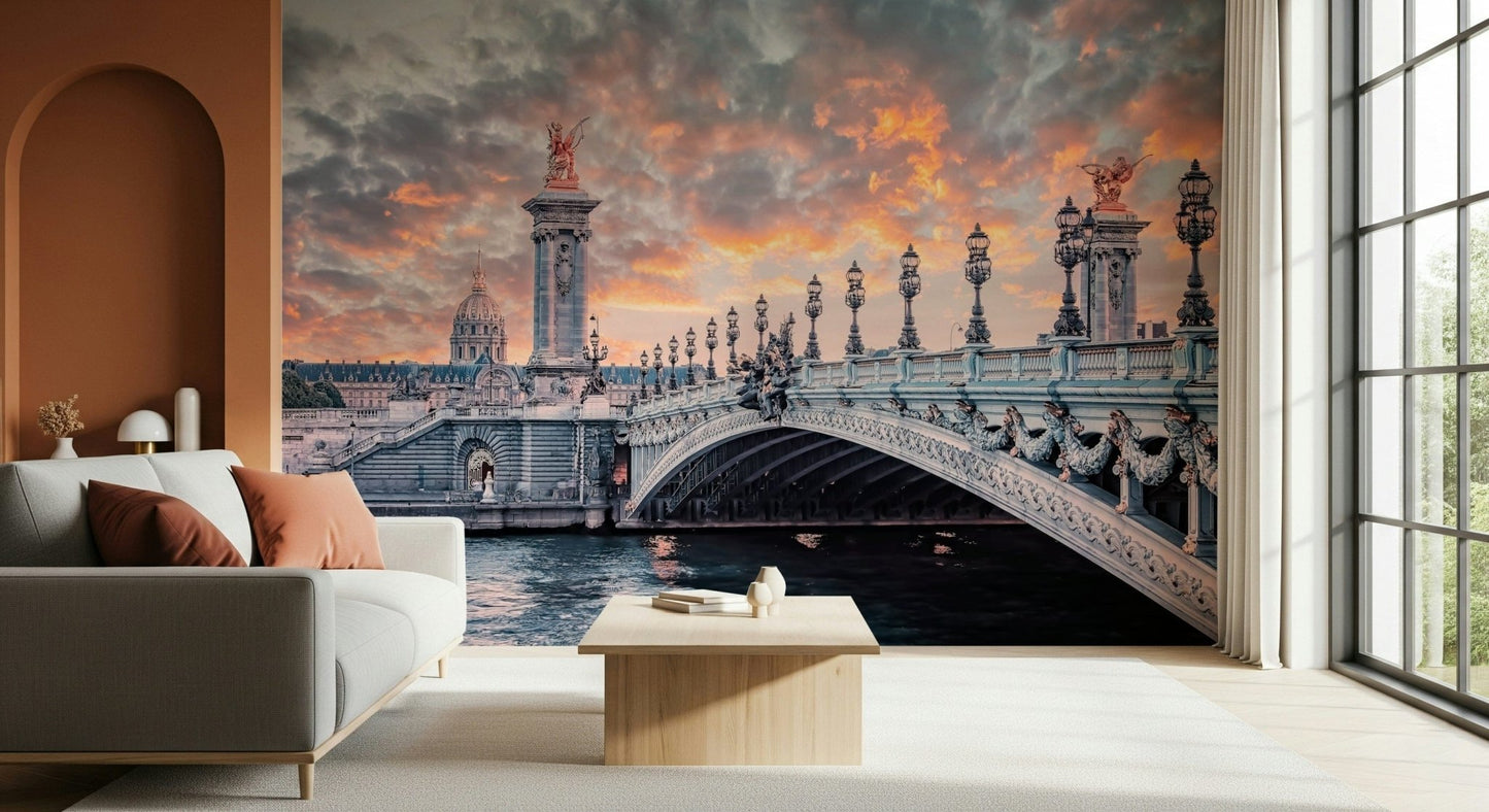 Parisian Bridge Sunset wallpaper mural of the ornate Pont Alexandre III behind a white sofa with rust cushions