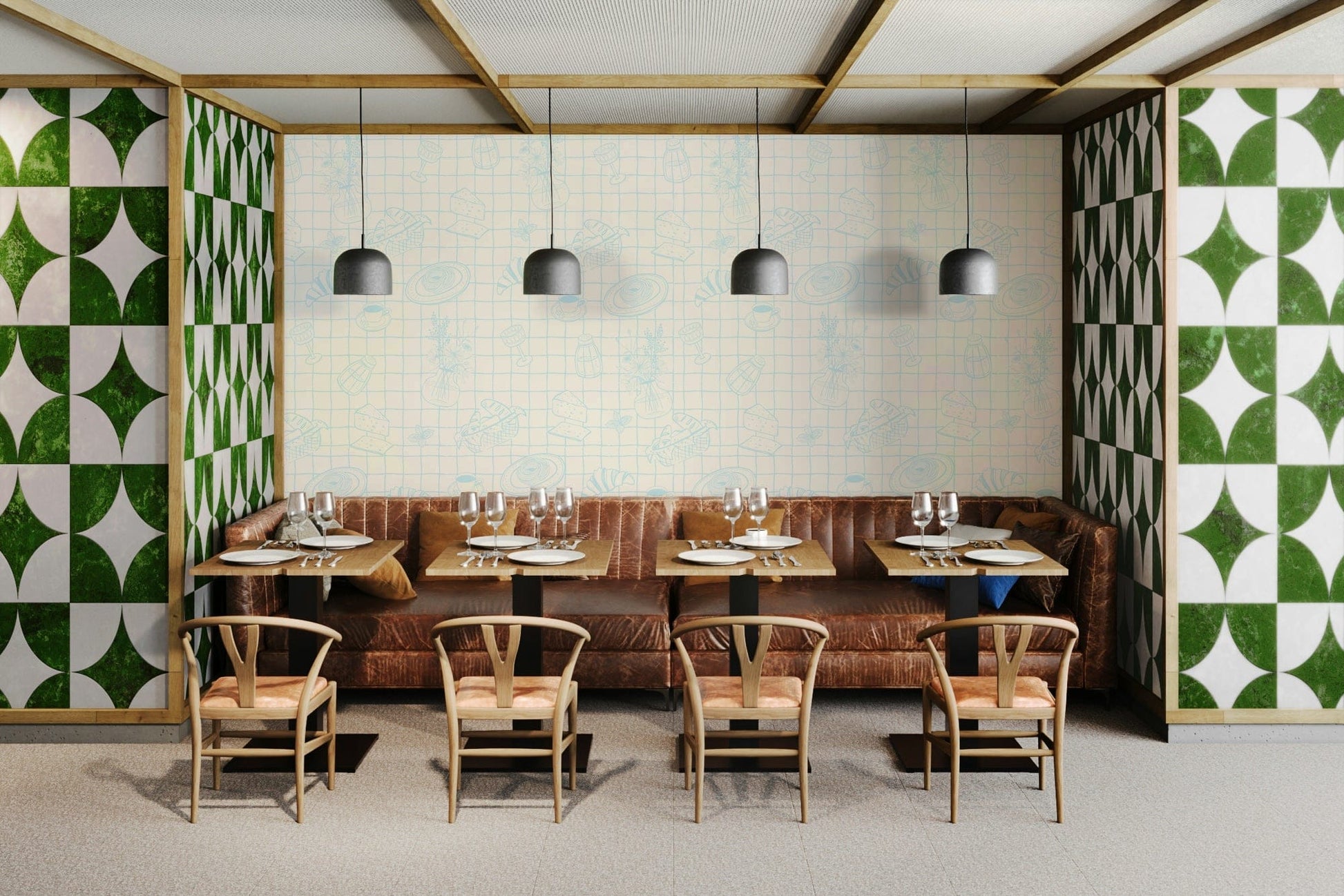 A peaceful wall mural with a modern, geometric design.

