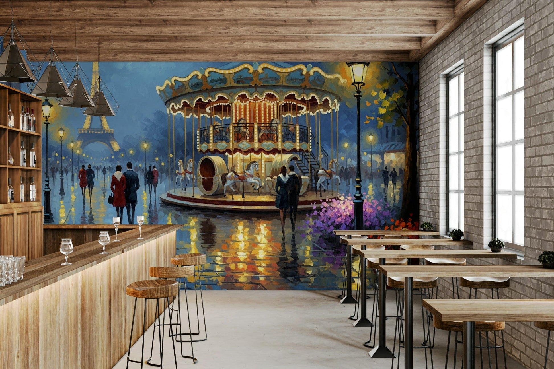 Parisian Carousel Dreams wallpaper mural of a lit carousel and Eiffel Tower behind a wood bar counter in a cafe