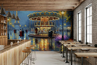 Parisian Carousel Dreams wallpaper mural of a lit carousel and Eiffel Tower behind a wood bar counter in a cafe