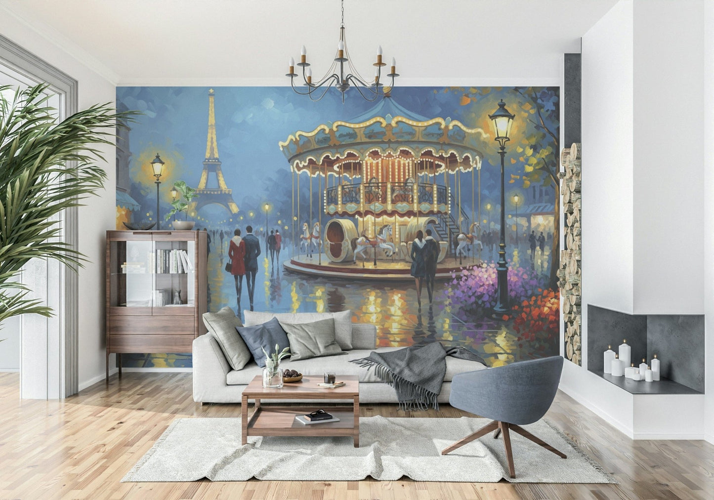 Parisian Carousel Dreams wallpaper mural of the glowing carousel behind a white sofa and blue swivel chair in a lounge