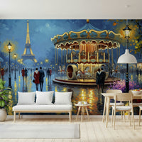 Parisian Carousel Dreams wallpaper mural of a Paris carousel scene behind a white bench sofa and pale dining set