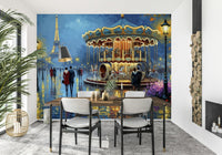 Parisian Carousel Dreams wallpaper mural of a glowing carousel by the Eiffel Tower behind a wood dining table